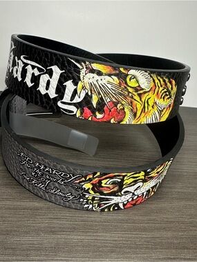 Ed Hardy belt size 34 grey/black faux Leather, tiger detail, white lettering NWT